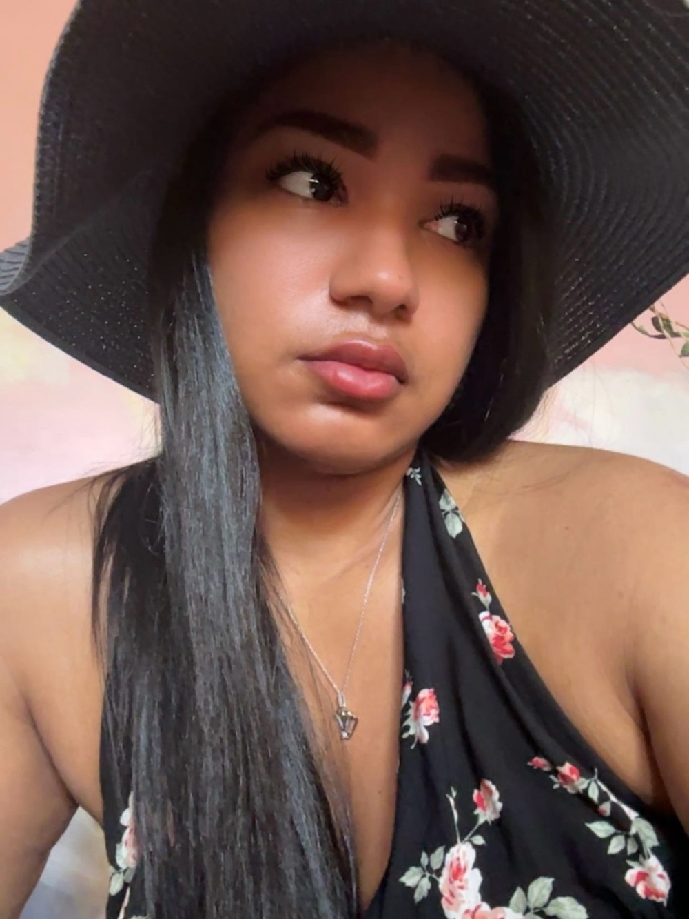 Blue Wide-Brim Straw Hat with floral trim